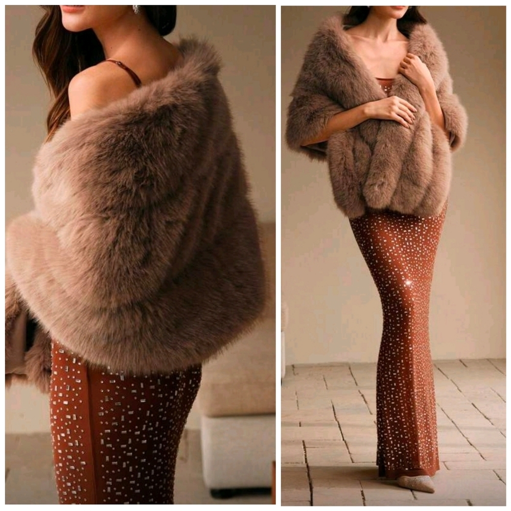 New Luxe Faux Fur Stole Cape Camel Tan Khaki